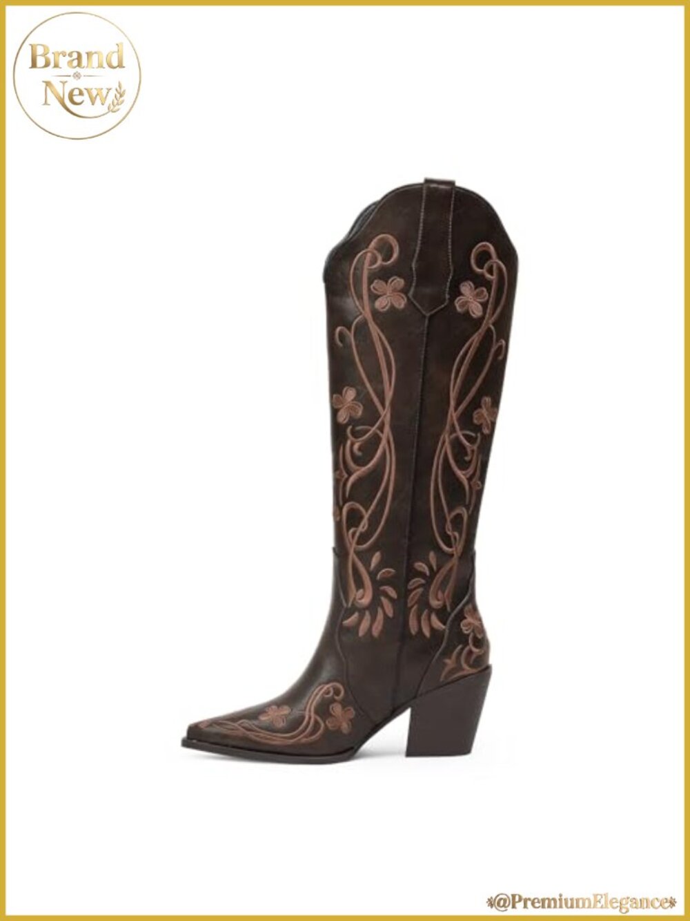 Knee High Cowboy Boots Faux Leather Block Heel Western Boots